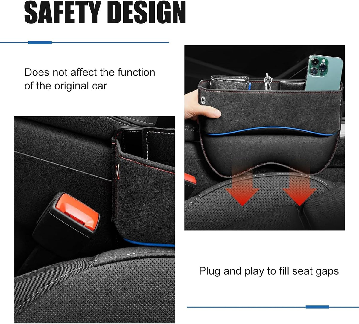 Car Seat Gap Filler Organizer, Leather Seat Storage Box with Cable Port, Anti-drop Multi-functional Center Console Organizer for Phone Key Card, Side Gap Filler for Most Cars (Black)
