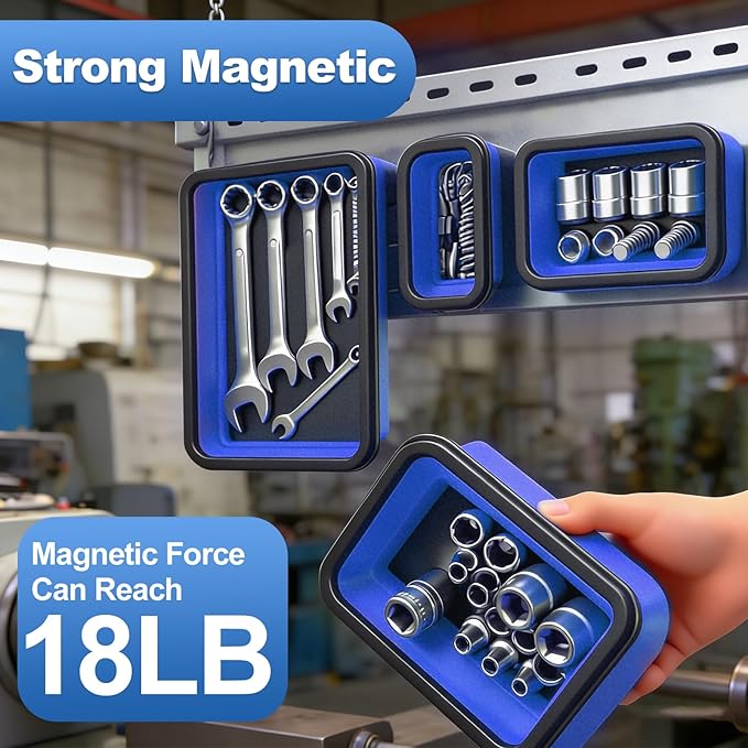 Collapsible Magnetic Parts Tray Set with Extra Strong Magnet Up to 18LB, 3 Different Size Silicone Foldable Tool for Organizing Screw Bolts Nuts Washers Pins and Other Small Metal Parts -Blue