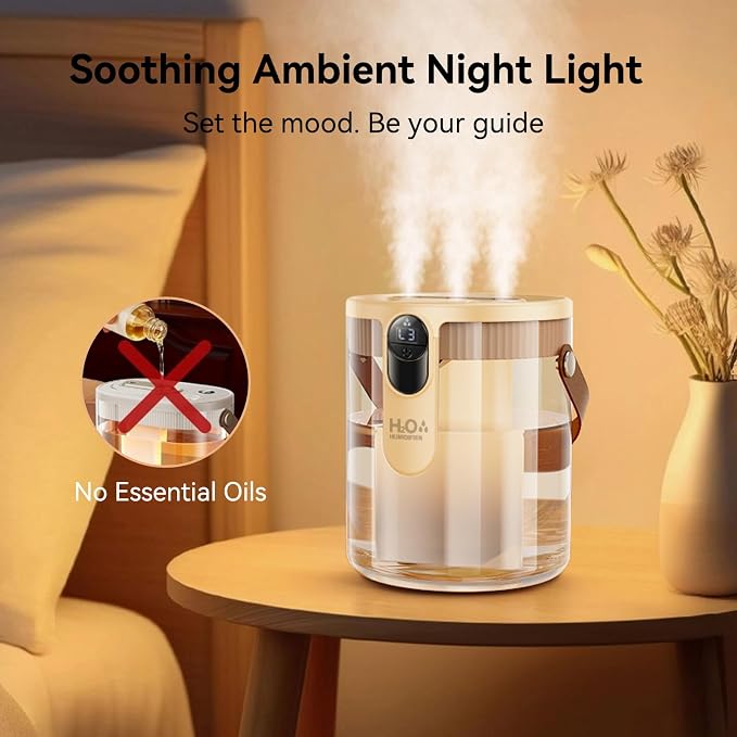 Rechargeable Portable Top Fill Humidifier, Smart Humidifiers for Bedroom, Night Light, 1.4L Cool Mist Humidifier for Office Home Plant Baby, 3-Speed Mist Control, Quiet, Auto Shut-Off (Beige)