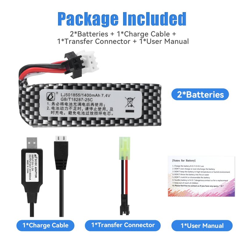 OooSure 2 pcs 7.4V 1400mAh 25C 501855 Lipo Airsoft Gun Batteries with 2S Charging Cable and SM2P to Mini Tamiya Switch Cable for Airsoft Gel Guns repalce Battery for STD-X2(2 PCS)