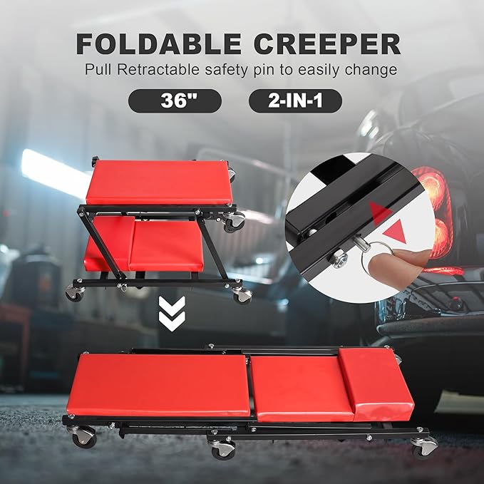 Big RED 36" Rolling Foldable Automotive Creeper， Car Creeper, 2-in-1 Garage Shop Creeper for Auto Repair, 300 Lbs Capacity, Red，TAM6505RR Torin