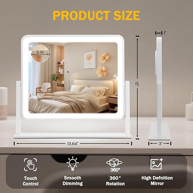 Rechargeable Vanity Mirror with Lights, 3000mAH Battery, 14"×12" LED Makeup Mirror, 10X Magnification, Smart Touch with 3-Color Lighting, 360° Rotation, Lighted Up for Makeup Desk, Bedroom (White)