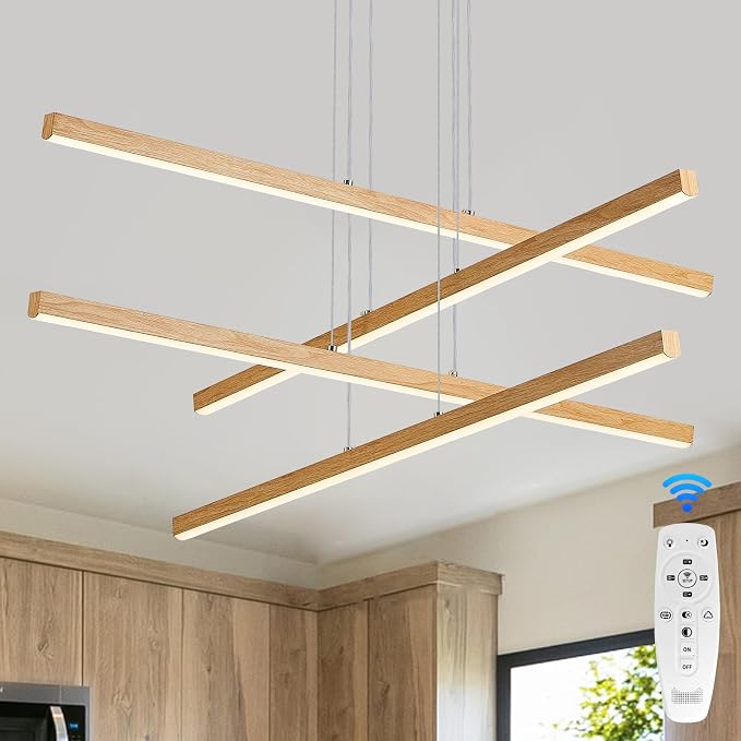 Linear Pendant Light Mdoern LED Chandelier 32" Boho Oak Wood Painted Ceiling