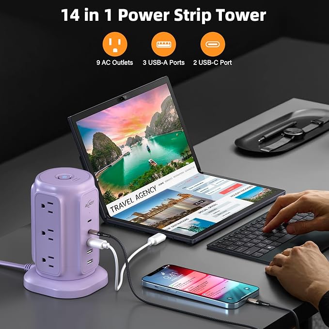 USB C Power Strip Tower, AiJoy 9 AC Outlets and 5 USB Ports Power Tower, 1200J Surge Protection, 1625W Flat Plug Extension Cord Charging Station for Home, Office Supplies, Dorm Essentials