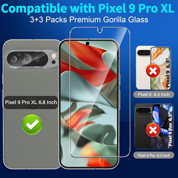 letosan 3 Pack for Google Pixel 9 Pro XL Screen Protector Tempered Glass + 3