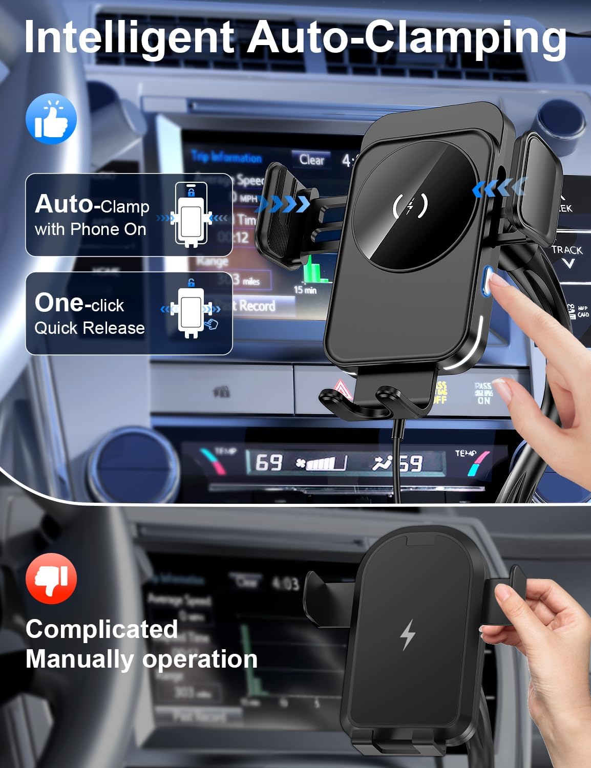 Cup Holder Phone Holder, 15W Wireless Car Charger Holder Fast Charging