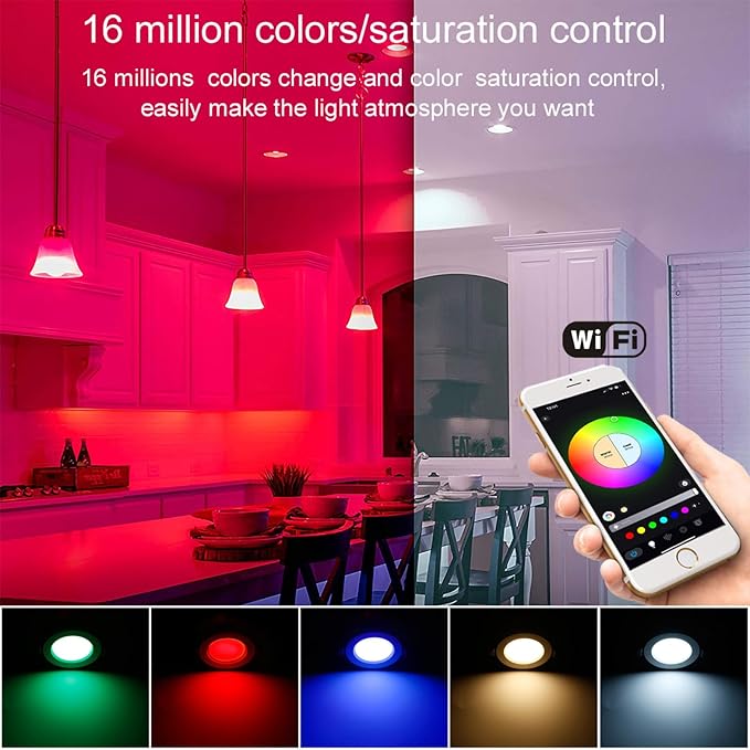 FVTLED Smart Recessed Lighting 4 Inch, Wireless Bluetooth 9W RGBWC Color Changing LED Downlight, 700LM 2700K-6500K Dimmable LED Can Lights - 1 Pack