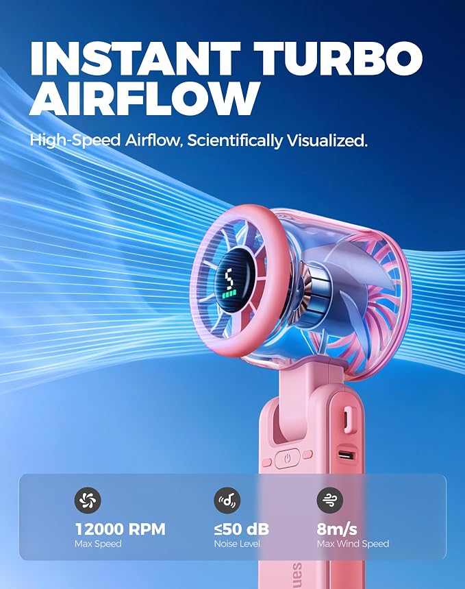 Diveblues Portable Handheld Turbo Fan, 5 Gear Wind, Battery Operated, Up to 12 Working Hours, 3 IN 1 Hand Fan with Air Turbo Tech Cooling Fan for Outdoor Activities, Travel, Working