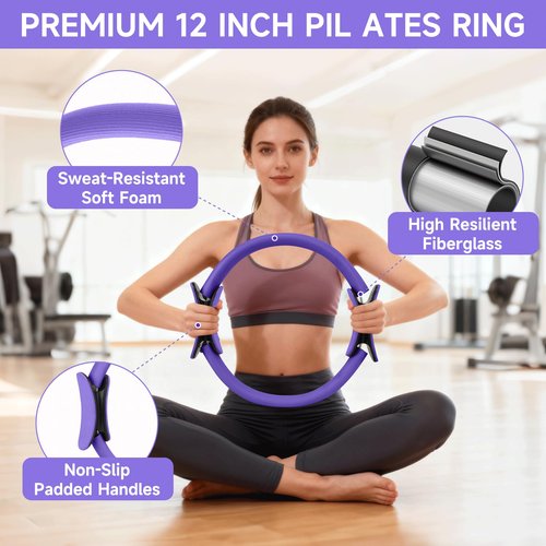 Home Pilates Essentials Kit for Women, Pilates Equipment Ring and Ball Set, 12'' Magic Circle, Yoga Ball,8 Resistance Bands Premium Accessories Kits for Starter Toning Workouts at Home (Purple)