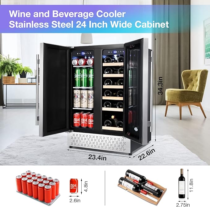 Wine and Beverage Refrigerator, 24 Inch Dual Zone Wine Beverage Cooler, Holds 20 Bottles and 88 Cans, Built-In and Freestanding, Seamless Glass Door, Under Counter Beer Wine Refrigerator