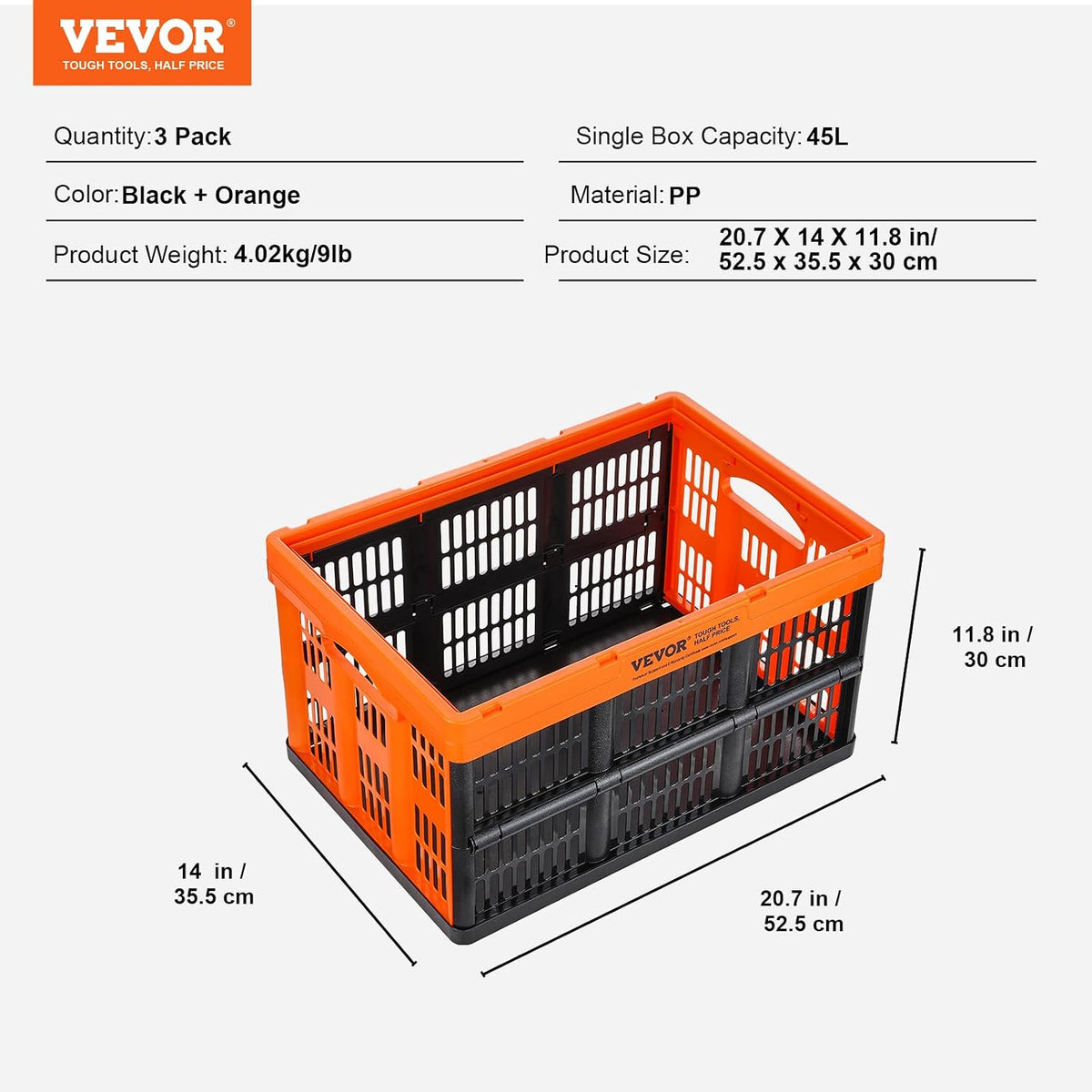 VEVOR 45L Plastic Collapsible Storage Basket 3 Packs, Folding Storage Crate