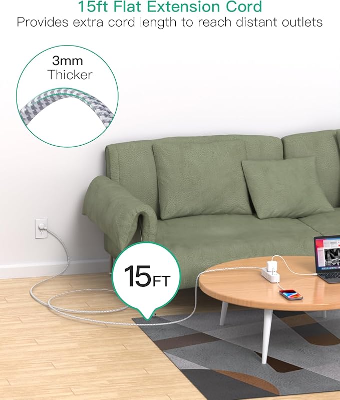 Mifaso Extension Cord, Surge Protector Power Strip, Long Extension Cord with 9 Outlets 3 USB Ports, Extension Cord with Multiple Outlets, USB Power Strip for Dorm Room Essentials, College(15FT, White)