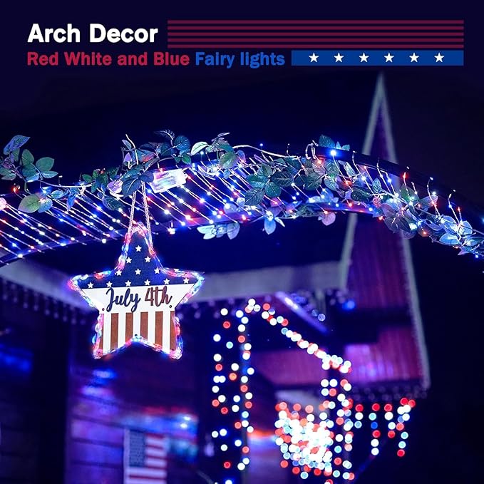JMEXSUSS 4 Pack 50LED 4th of July Decorations Red White and Blue Lights, 16ft 4th of July Fairy Lights Battery Operated, Patriotic Fairy Lights Indoor for Independence Day Memorial Day Decor