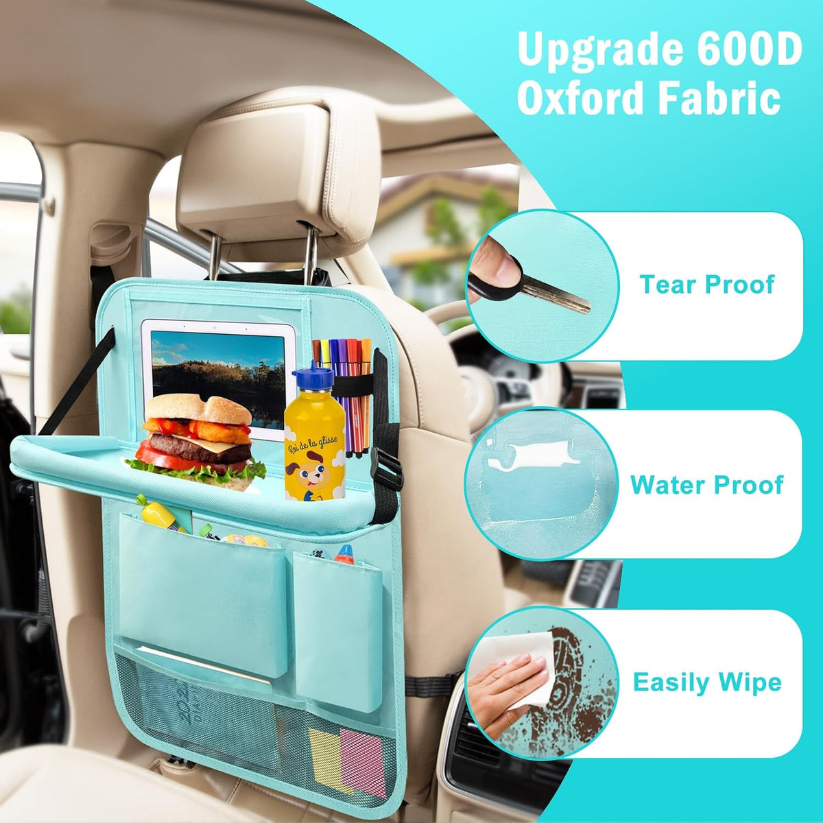 2Pack Car Backseat Organizer with Foldable Table Tray,6 Storage Pockets Car Storage Organizer with Tablet Holder,Car Seat Back Protectors Kick Mats Travel Accessories Blue