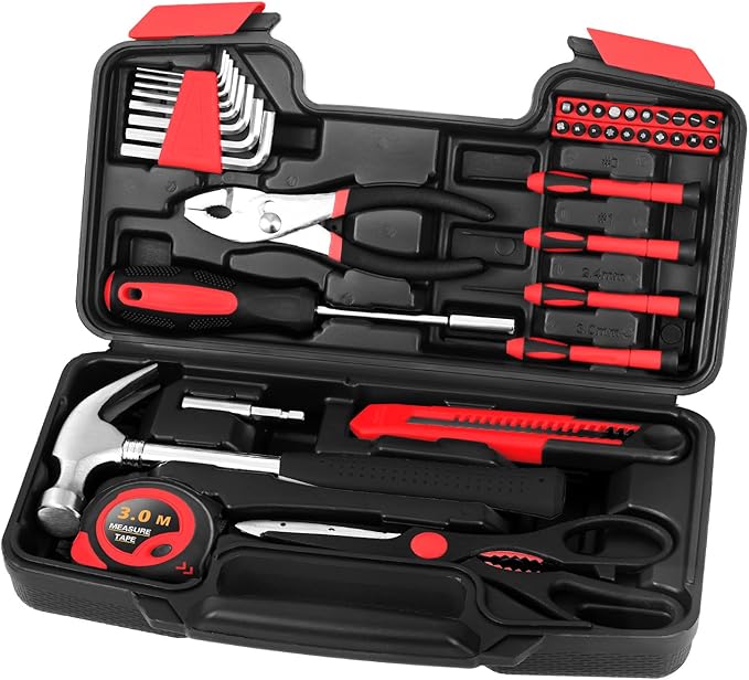 39 Piece Home Tool Kit General Household Hand Tool Set small tool box with Toolbox Storage Case for Everyday Home Repairs, Mini Tool kit for Women,Red