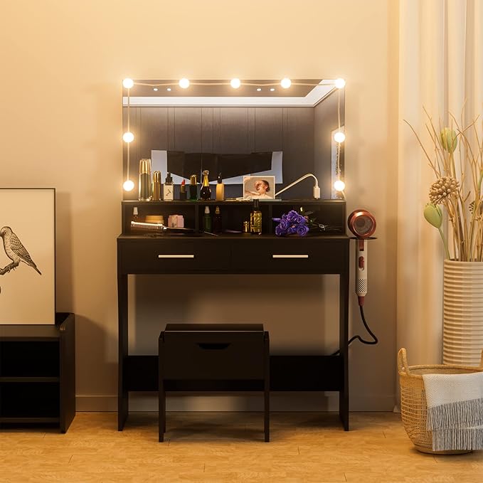 Makeup Vanity with Lighted Mirror & Outlet Charging Station, Vanity Set Makeup Table with Hair Dryer Holder, 3 Lighting Colors, Brightness Adjustable, 31.5in(W)