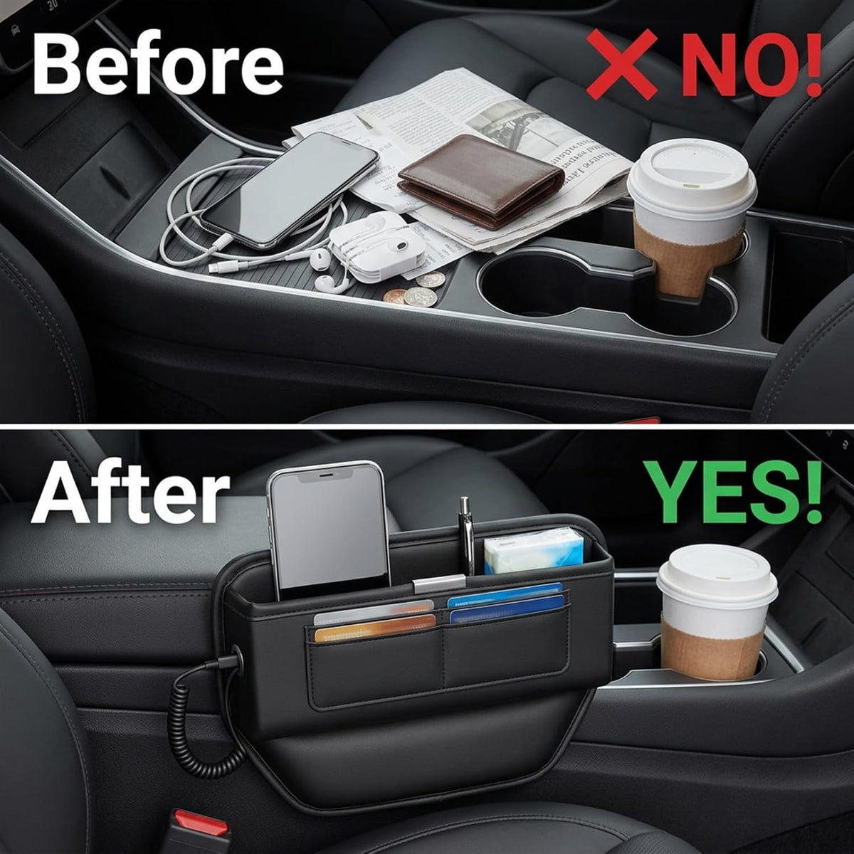 2Pack Universal Fit Premium Leather Car Seat Gap Filler Organizer, Center Console Organizer with Card Slots Front Seat Storage for Phone Cards Keys, Clever Gifts for SUV, Truck & Sedan, Black