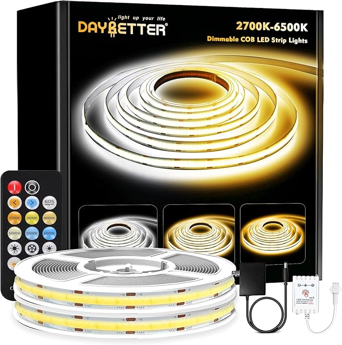 DAYBETTER COB LED Strip Light Tunable White, 32.8ft/10m 6080LEDs White LED Light Strips with Remote, 2700K-6500K Dimmable LED Tape Light, COB LED Lights for Bedroom Kitchen Under Cabinet DIY Lighting