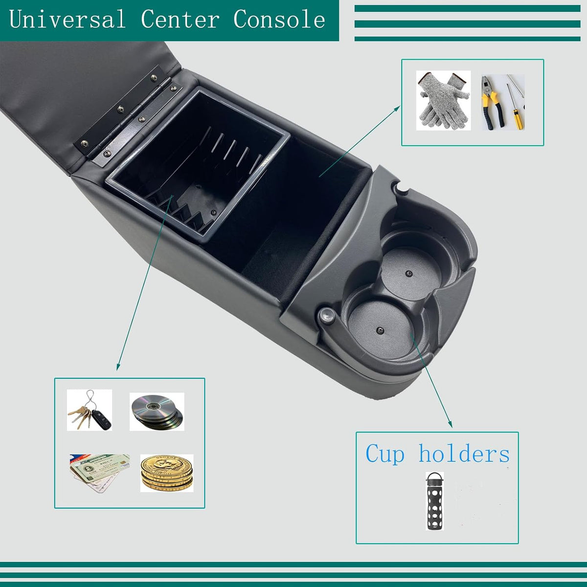 Universal Truck Bench Seat Console with Cup Holders, Grey