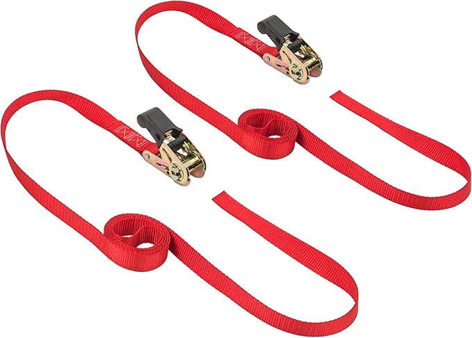 PowerTye - Endless Ratchet Strap - 1in x 7ft Easy Grip (Hookless), Tie Down Strap w/ 400 lb. Working Load Limit / 1,200 lb. Break Strength, Ideal for Motorcycle, ATV, Bike, & Coolers, Red 2-Pack