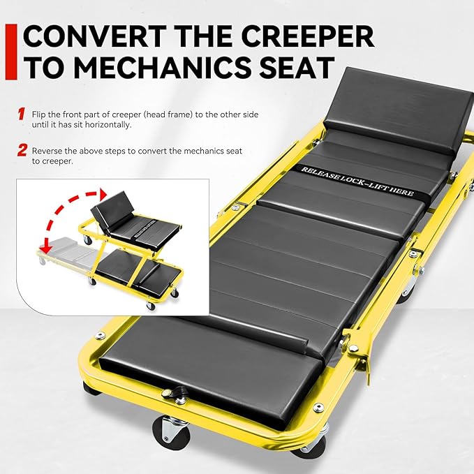 Auto Dynasty 48" Z-Creeper Seat, 2-in-1 Foldable Garage Rolling Creeper Shop Seat, 330 LBS Capacity Automotive Mechanic Under Car Repair Tool, Yellow