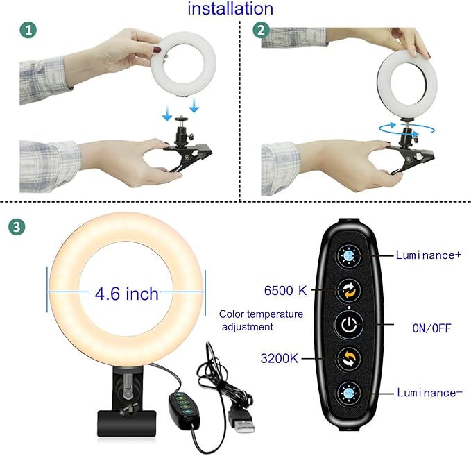 Selfila Ring Light 5 Inch USB Portable, 3200K-6500K Dimmable LED Clip on
