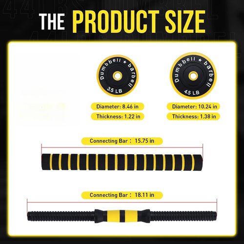2-In-1 Adjustable Dumbbell Set 33 Lb, Adjustable Weights Used As Dumbbell and Barbell Set, Yellow