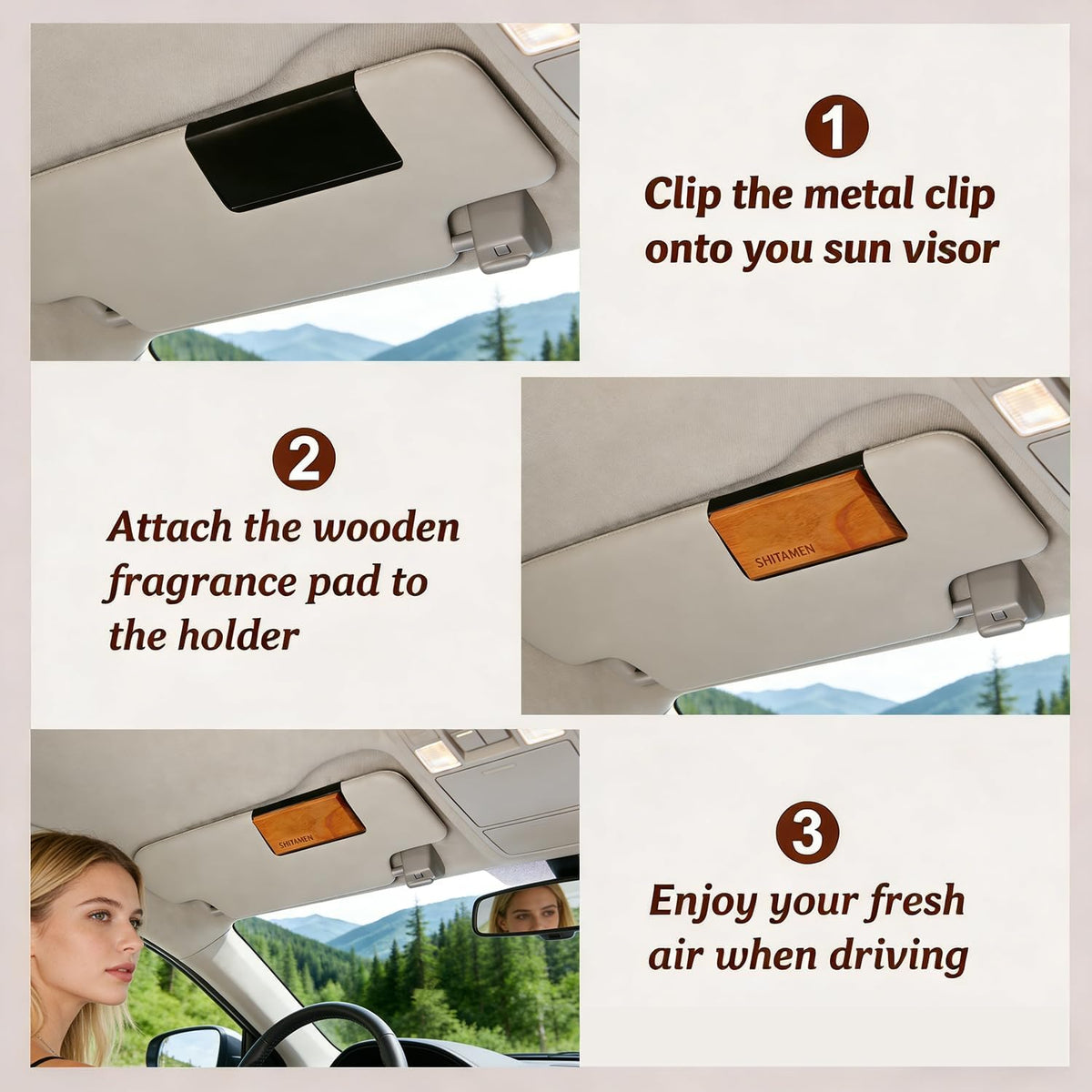 Car Air Freshener Starter Kit - Wood Air Freshener for Visor Clip - Automotive Odor Eliminator - Long Lasting Scent - Scent Refill with Metal Visor Clip (Teak-Cabana-Amber-Black Currant Rose)