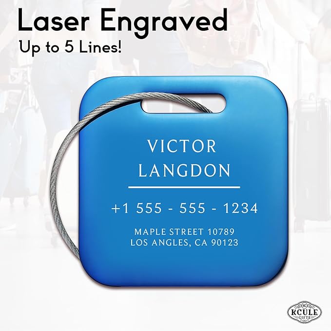 Stainless Luggage Tags for Suitcases: Metal Personalized Luggage Tags and Bags with Customizable Texts (Blue)
