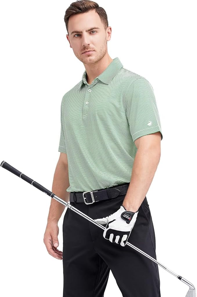 Mens Golf Shirt Moisture Wicking Dry Fit Performance Sport Short Sleeve Striped Golf Polo Shirts for Men