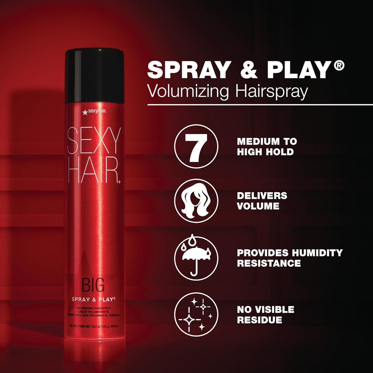 SexyHair Big Spray & Play Volumizing Hairspray - Long-Lasting Hold & Shine | Humidity Resistant for All Hair Types