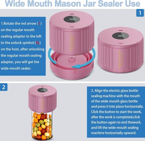 LOVE MOMENT Electric Mason Jar Vacuum Sealer Kit - Ideal for Wide & Regular Mouth Jars | Pink