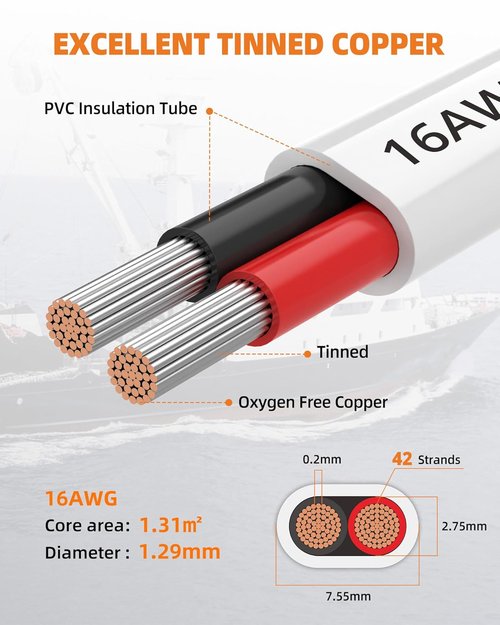 CONEPY 16 Gauge Marine Wire - Waterproof 16/2 Duplex Tinned Copper Cable for Boat, RV, Solar | 200FT