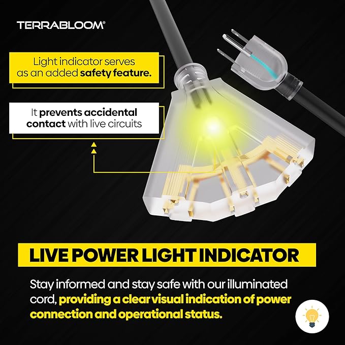 TerraBloom 12/3 Heavy Duty Extension Cord 100 FT Outdoor - Black Outdoor Extension Cord Multiple Outlet - Ultra-Flexible SJEOW Rubber, Light Indicator, Triple Outlet for Maximum Efficiency - 15 Amp