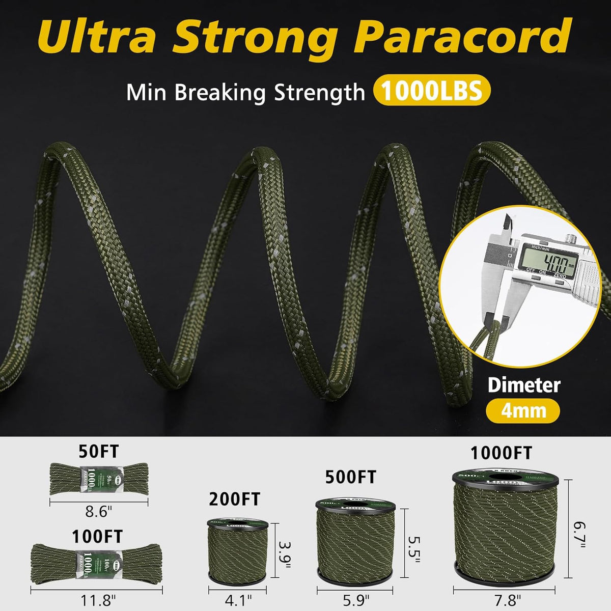 XXBEN Paracord Reflective 1000lb - Heavy Duty 4mm 13 Strand Rope for Camping, Fishing & DIY | Black