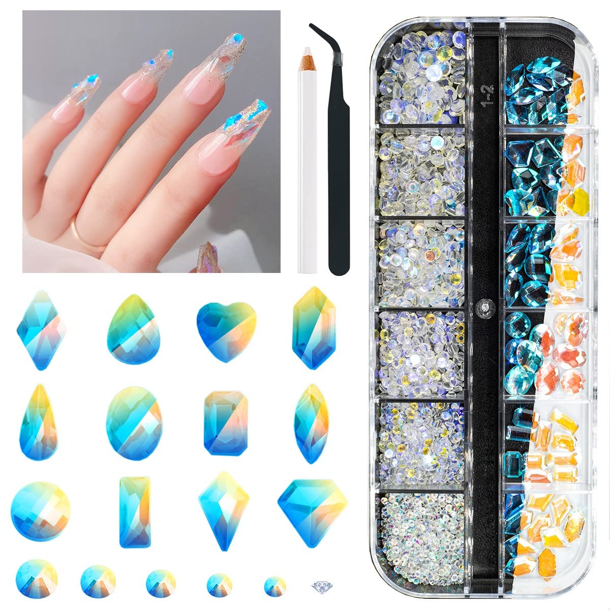 Qiipii Aurora Nail Art Rhinestones Clear Moonlight Nail Charms Multi Shapes Aurora Flatback Rhinestones Big Gems Round Beads K9