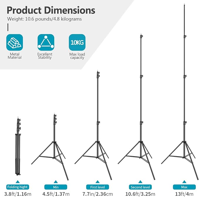 Neewer Heavy Duty Light Stand, Metal 13ft/4m Adjustable Photography Tripod C