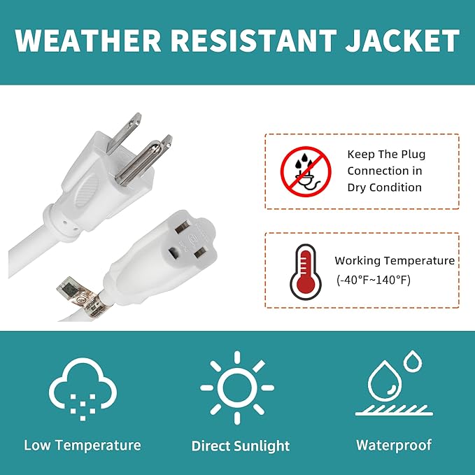 Indoor Outdoor Extension Cord Weatherproof, UL Listed, 16 Gauge 6FT White 3 Prong Heavy Duty, 16/3 SJTW 13A Power Cord for Outdoor Lights, Appliances, Lawn