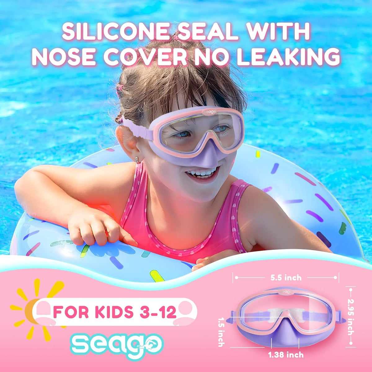 Seago Kids Swim Goggles - Anti-Fog Clear View | 2-Pack for Ages 3-12 with Nose Cover