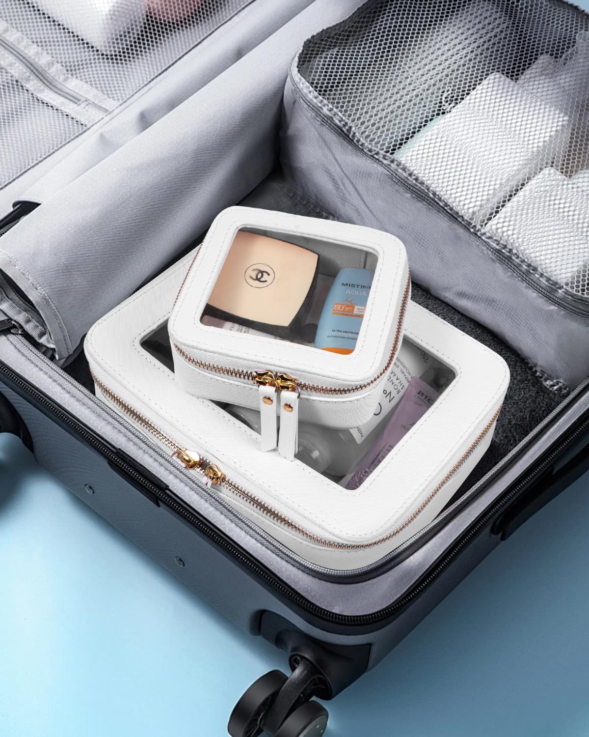 LETGO 2 Pack Mahjong Tile Storage Bag with Zipper Transparent Mahjong Tile Carrying Case Zippered Storage Bag Waterproof PU TSA Approved Cosmetic Pouches,Portable Beach Vacation Makeup Organizer Set