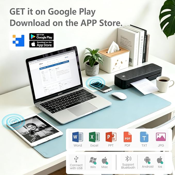 Portable Printer for Travel Bluetooth, Inkless Travel Printer, supports thermal