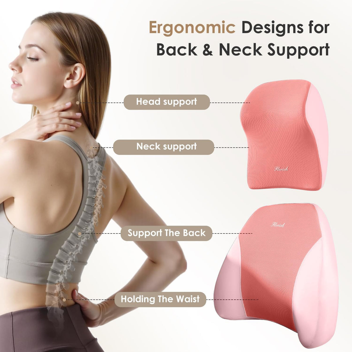FLORICH Upgraded 3-in-1 Memory Foam Car Seat Cushion Set with Lumbar Support & Neck Pillow, Washable Driving Seat Cushion for Back & Sciatica Pain Relief, Non-Slip Seat Cushion for Car, Office-Pink