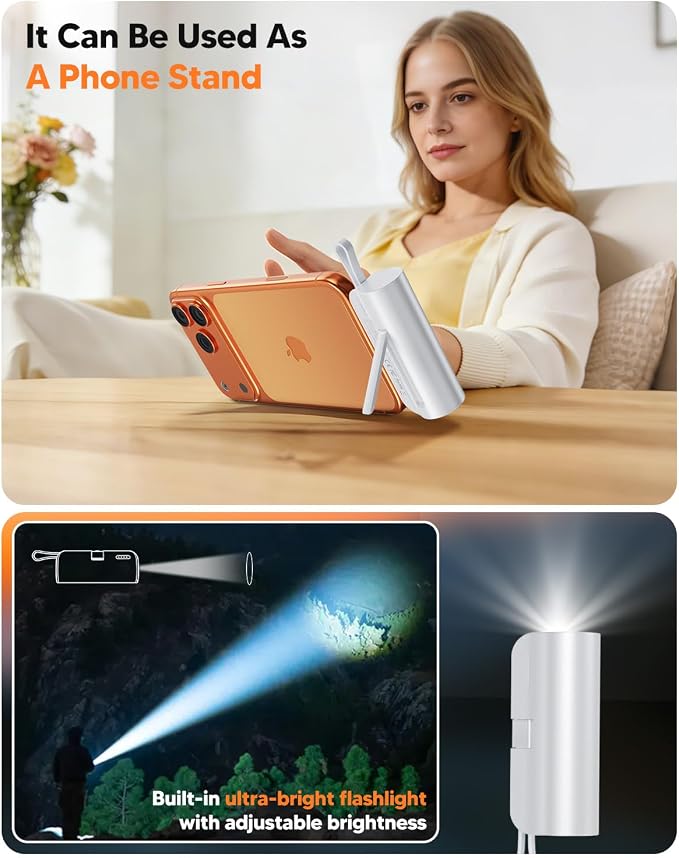 5000mAh Mini Portable Charger with Built-in Type C Connector & Cables,5V 2.4A USB-C Small Power Bank,2 Output Flashlight External Battery Pack Compatible with iPhone 17-12 Pro Galaxy,iPad (White)