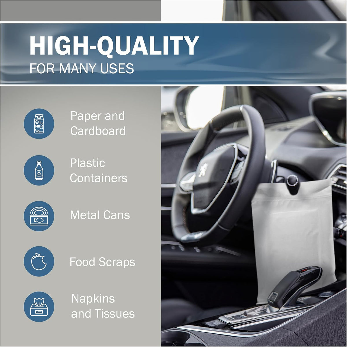12x15 White Disposable Car Trash Bags, Leak-proof, Medium Size, 50 Pack, 2 Mil Thick, with Die-Cut Handles by PPB
