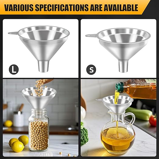 Serinar 3-Piece Stainless Steel Kitchen Funnel Set for Kitchen Bottle Filling, 2 Funnel Sizes and 1 Strainer for Oils, Liquids, Fluids, Dry Ingredients and Powders, Durable, Washable