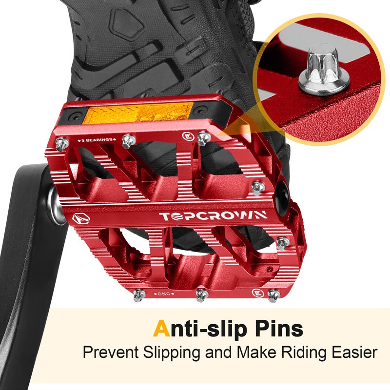 Topcrown Mountain Bike Pedals with Reflectors, Aluminum Metal Bicycle Flat Pedals 9/16" - 3 Sealed Bearings, Non-Slip Wide Platform with Removable Pins for MTB, Road Bike, BMX, Ebike (Red)