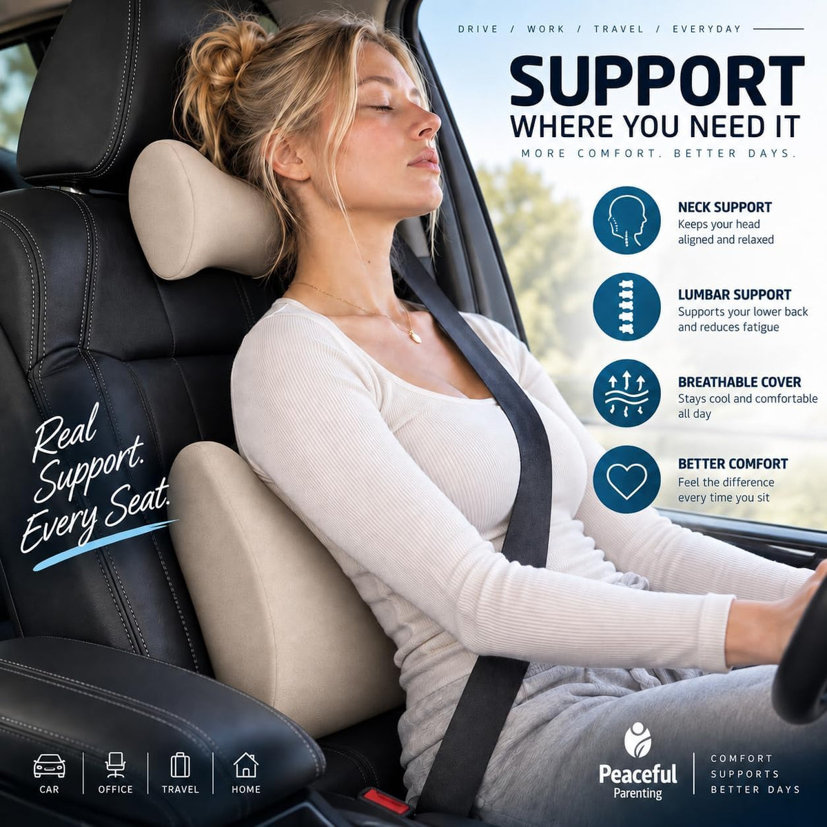 Lumbar & Neck Support Pillow Kit - Beige - Back & Neck Support Pillow for Car & Office Chair - Memory Foam Pillow - Ergonomic Pillow for Neck & Back Pain Relief