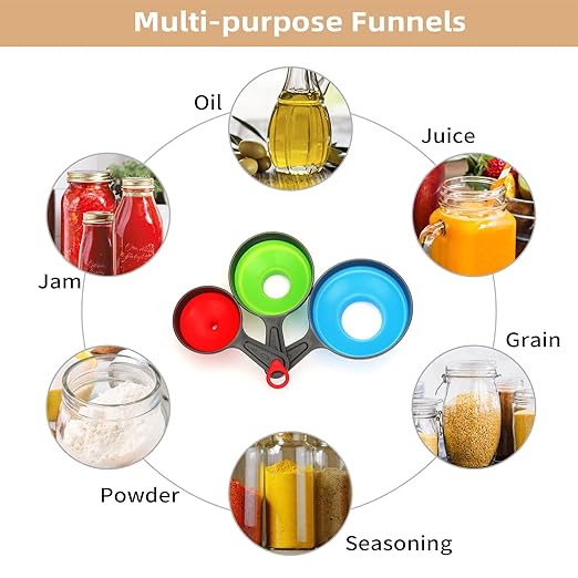 2 Set, 6 Pack Funnels for Filling Bottles, Dokpod Kitchen Funnels for Kitchen Use, Canning Funnel Wide Mouth, Small and Large Collapsible Silicone Funnel Set