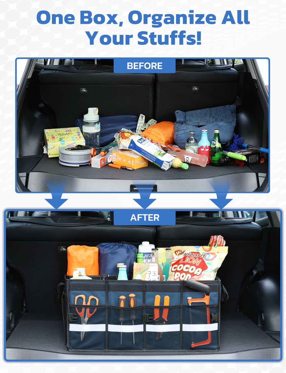 Oasser Car Trunk Organizer with Foldable Soft Lid, 55L 3 Compartments Blue