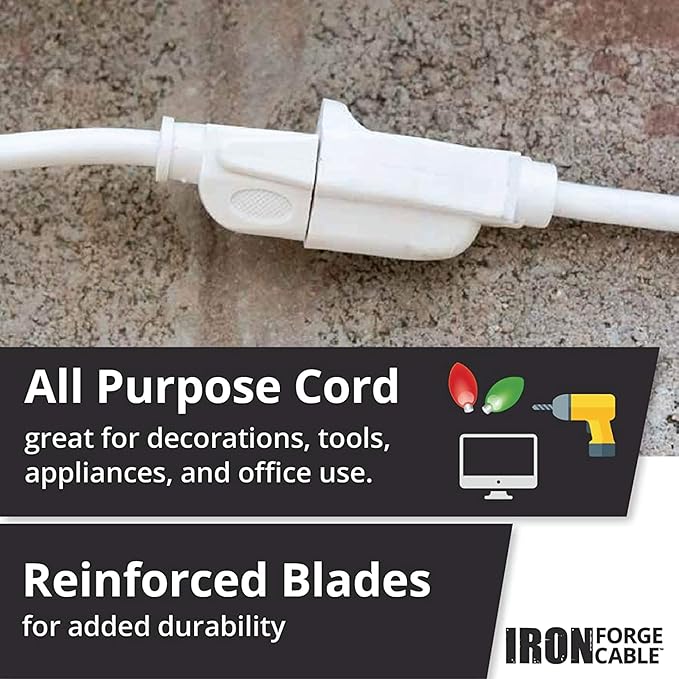 Iron Forge Cable Weatherproof 100 Ft Outdoor Extension Cord - 16/3 SJTW Heavy Duty White Extension Cord 3 Prong - 13 Amp Exterior Power Cable